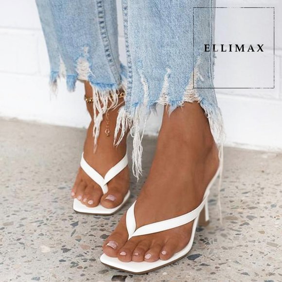 Anne Michelle Shoes - NEW🔥White Square Open Toe Thong Flip Flop Slide Sandals Mules Med Stiletto Heel